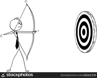 Conceptual Cartoon of Businessman with Bow Shooting at Target. Cartoon stick man drawing conceptual illustration of businessman with bow shooting at target or clout. Business concept of motivation and determination.