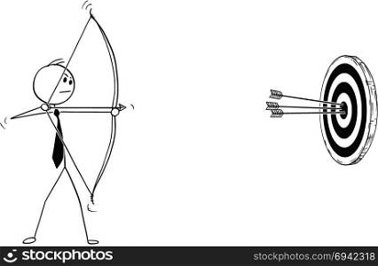 Conceptual Cartoon of Businessman with Bow Shooting at Target. Cartoon stick man drawing conceptual illustration of successful businessman with bow shooting at target or clout, with three hits in center. Business concept of motivation, determination and success.