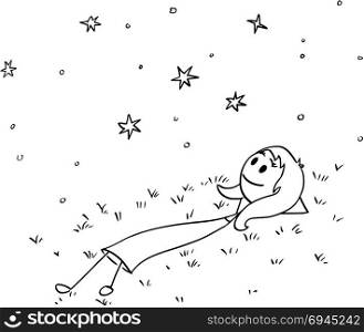 Conceptual Cartoon of Businesswoman or Woman Dreamer Watching Stars. Cartoon stick man drawing conceptual illustration of businesswoman or woman or girl lying on grass and watching night sky with stars. Business concept of dream and relaxation.