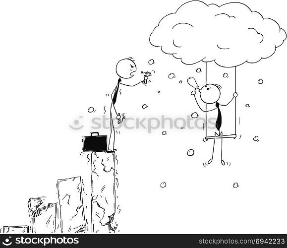 Conceptual Cartoon of Creativity Benefit in Business Crisis. Cartoon stick man drawing conceptual illustration of wealthy businessman looking for creative individuality to save his business. Concept of financial crisis and creativity.