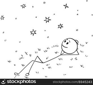Conceptual Cartoon of Man or Boy Dreamer Watching Stars. Cartoon stick figure drawing conceptual illustration of man or boy lying on grass and watching night sky with stars. Concept of dream and relaxation.