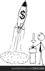 Conceptual Cartoon of Start Up of Business Rocket. Cartoon stick man drawing conceptual illustration of businessman launching rocket with money dollar symbol. Business concept of success,company or career start up.