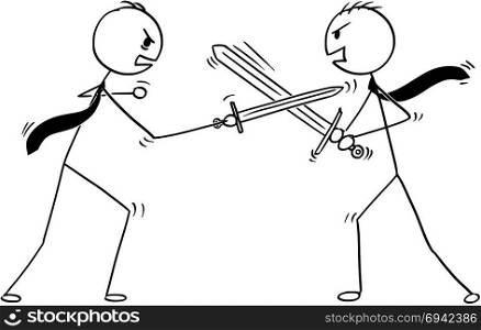 Conceptual Cartoon of Two Businessmen Arguing and Fighting. Cartoon stick man drawing conceptual illustration of two businessmen arguing and sword fighting. Business concept of problem discussion.