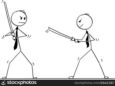 Conceptual Cartoon of Two Businessmen Arguing and Ready to Fight with Swords. Cartoon stick man drawing conceptual illustration of two samurai businessmen ready to fight with Japanese katana swords.
