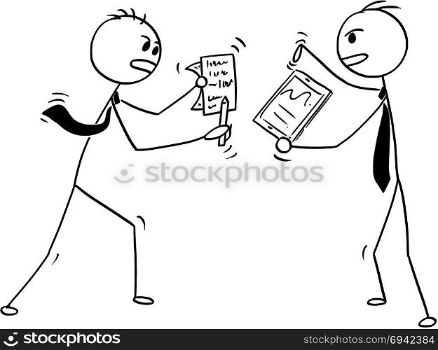 Conceptual Cartoon of Two Businessmen Arguing or Fighting. Cartoon stick man drawing conceptual illustration of two businessmen fighting or arguing.