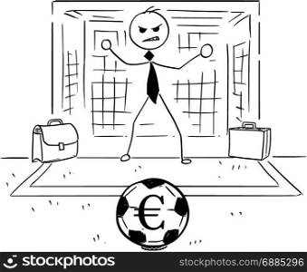 Conceptual cartoon vector illustration of stick man businessman as football soccer goal keeper goalie ready to catch the ball with euro sign.