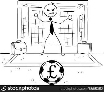 Conceptual cartoon vector illustration of stick man businessman as football soccer goal keeper goalie ready to catch the ball with pound sign.