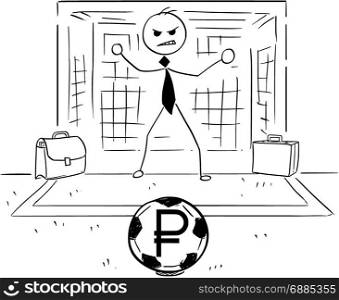 Conceptual cartoon vector illustration of stick man businessman as football soccer goal keeper goalie ready to catch the ball with ruble sign.