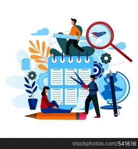 Conceptual flat vector illustration Teamwork project. Tiny people search for new solutions, creative work. Concept for web page, presentation, banner, social media, cards and posters.. Conceptual flat vector illustration Teamwork project. Tiny people