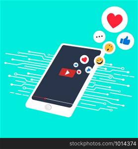 Conceptual illustration about the technology online. Video content in social media Likes, Shares and Emotion on the smartphone screen. Vector clip art.