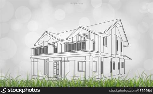 Conceptual image of house perspective render. 3D wireframe rendering with light blurred bokeh background. Vector illustration.