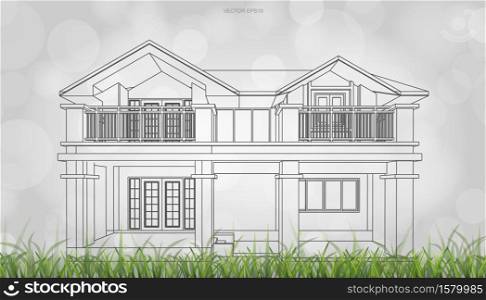 Conceptual image of house perspective render. 3D wireframe rendering with light blurred bokeh background. Vector illustration.