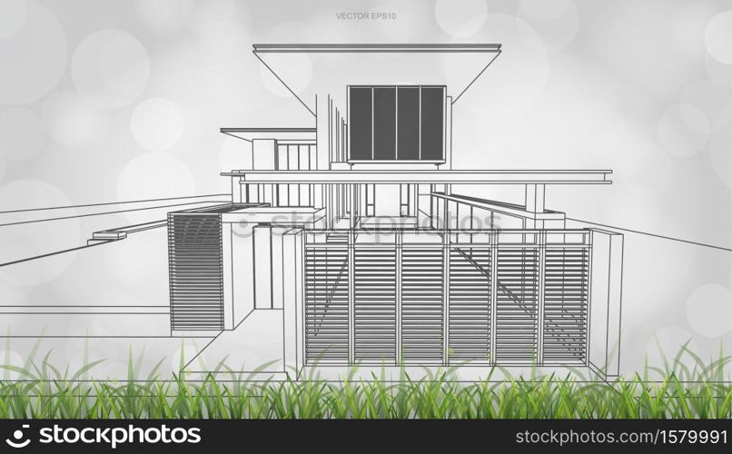 Conceptual image of house perspective render. 3D wireframe rendering with light blurred bokeh background. Vector illustration.