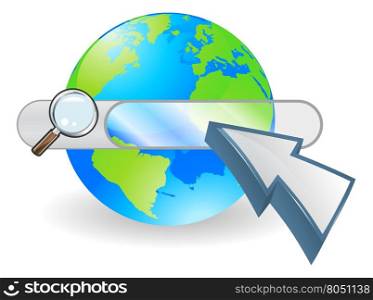 Conceptual internet illustration with search bar over world globe and arrow cursor