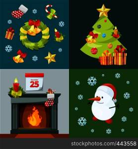 Conceptual pictures of christmas celebration. Vector illustrations in cartoon style. Christmas winter card with fireplace and gift, snowman and xmas tree. Conceptual pictures of christmas celebration. Vector illustrations in cartoon style