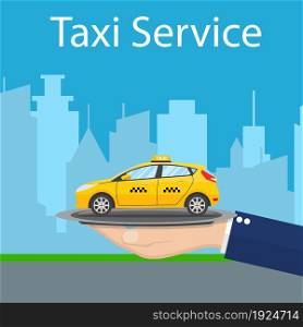 Conceptual poster with the taxi. Hand with tray and car taxi. vector illustration in flat design.. Conceptual poster with the machine cab.