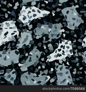 Conceptual terrazzo seamless pattern. Natural stone, granite, quartz shapes. Rock backdrop textured. Marble wallpaper on white background. Modern collage. Vector illustration. Conceptual terrazzo seamless pattern. Natural stone, granite, quartz shapes.