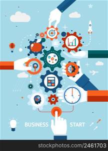Conceptual vector illustration of a business and entrepreneurship business start or launch with gears and cogs with various icons for industry and business held by hands one pushing the start button