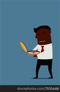 Concerned african american businessman using compass to find a direction of business strategy or way to success. Cartoon flat style