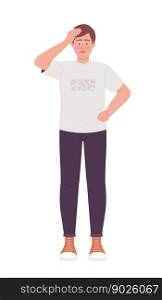 Concerned man holding head with hand semi flat color vector character. Editable figure. Full body person on white. Simple cartoon style spot illustration for web graphic design and animation. Concerned man holding head with hand semi flat color vector character