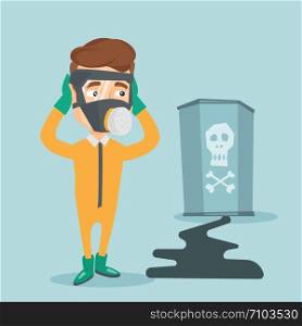 Concerned man in respirator and radiation protective suit clutching his head. Young man in radiation suit looking at leaking barrel with radiation sign. Vector flat design illustration. Square layout.. Concerned man in radiation protective suit.