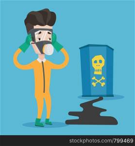 Concerned man in respirator and radiation protective suit clutching his head. Young man looking at leaking barrel with radioactive sign. Vector flat design illustration. Square layout.. Man in radiation protective suit.