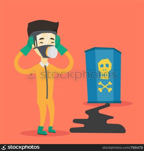 Concerned man in respirator and radiation protective suit clutching his head. Young man in radiation suit looking at leaking barrel with radiation sign. Vector flat design illustration. Square layout.. Concerned man in radiation protective suit.