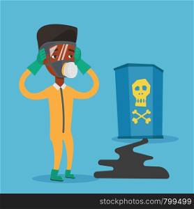 Concerned man in respirator and radiation protective suit clutching his head. An african-american man looking at leaking barrel with radioactive sign. Vector flat design illustration. Square layout.. Man in radiation protective suit.