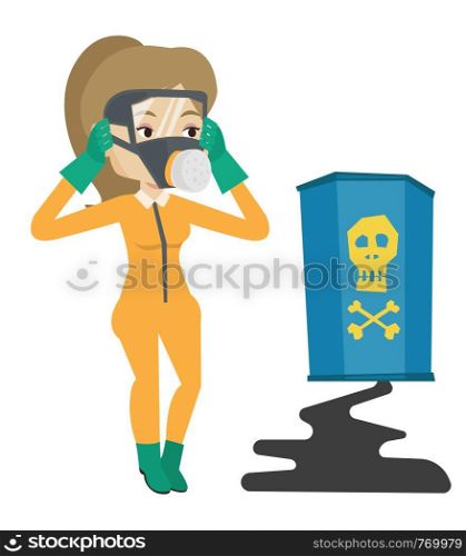 Concerned woman in radiation protective suit clutching her head. Woman in radiation suit looking at leaking barrel with radiation sign. Vector flat design illustration isolated on white background.. Woman in radiation protective suit.