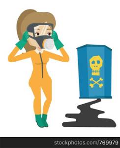 Concerned woman in radiation protective suit clutching her head. Woman in radiation suit looking at leaking barrel with radiation sign. Vector flat design illustration isolated on white background.. Woman in radiation protective suit.