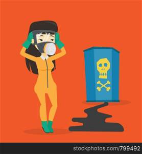 Concerned woman in respirator and radiation protective suit clutching head. Young woman in radiation suit looking at leaking barrel with radiation sign. Vector flat design illustration. Square layout.. Concerned woman in radiation protective suit.