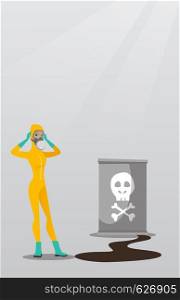 Concerned woman in respirator and radiation protective suit clutching her head. Woman in radiation suit looking at leaking barrel with radiation sign. Vector flat design illustration. Vertical layout.. Woman in radiation protective suit.