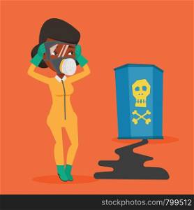 Concerned woman in respirator and radiation protective suit clutching her head. Woman in radiation suit looking at leaking barrel with radiation sign. Vector flat design illustration. Square layout.. Woman in radiation protective suit.