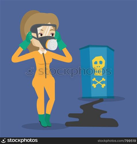 Concerned woman in respirator and radiation protective suit clutching her head. Woman in radiation suit looking at leaking barrel with radiation sign. Vector flat design illustration. Square layout.. Woman in radiation protective suit.