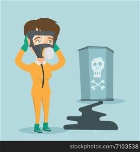 Concerned woman in respirator and yellow protective suit clutching her head. Woman in yellow protective suit looking at leaking barrel with radiation sign. Vector cartoon illustration. Square layout.. Concerned woman in respirator and protective suit.