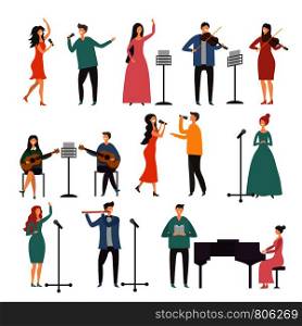 Concert and music groups. Vocal duets. Musician and singers performances. Vector singer and musician vocal, performance concert illustration. Concert and music groups. Vocal duets. Musician and singers performances