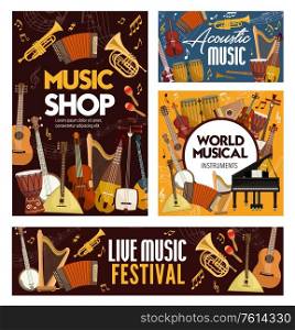 Concert, festival or shop of musical instruments . Vector guitar, piano, violin, drum and harp, trumpet, horn, tuba and maracas, musical notes, treble clef, banjo, shamisen and balalaika. Music festival concert and musical instruments