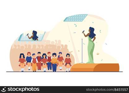 Concert for schoolchildren. Performer singing on stage, kid in audience hall flat vector illustration. Entertainment, school party, performance concept for banner, website design or landing web page