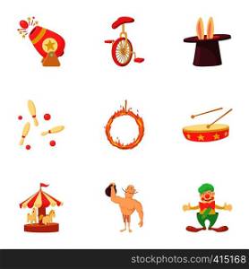 Concert in circus icons set. Cartoon illustration of 9 concert in circus vector icons for web. Concert in circus icons set, cartoon style