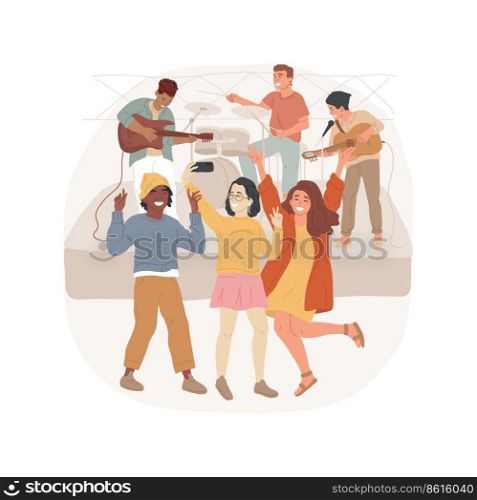 Concert isolated cartoon vector illustration. Diverse teens at concert, leisure time, band playing live on stage, teenagers nightlife, friends happy together, music fans, event vector cartoon.. Concert isolated cartoon vector illustration.