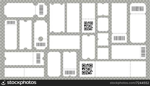 Concert movie theater ticket template. Empty lottery cardboard or paper coupons. Ribbed templates with barcode or qr code. Vector isolated set. Concert movie theater ticket template. Empty lottery cardboard coupons. Templates with barcode or qr code. Vector isolated set