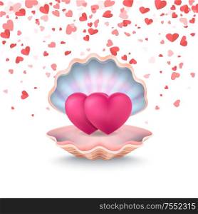 Conch with couple of hearts, romantic sign in 3D style. Card decorated by shell and Valentine engagement. Traditional symbol of feeling love in pink vector. Conch with Couple of Hearts, Feeling Love Vector
