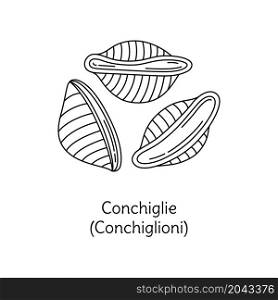 Conchiglioni pasta illustration. Conchiglie vector doodle sketch. Traditional Italian food. Hand-drawn image for engraving or coloring book. Isolated black line icon. Editable stroke