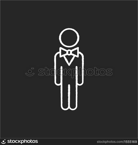 Concierge chalk white icon on black background. Hotel manager. Person in suit. Business man in official apparel. Event management staff. Corporate professional. Isolated vector chalkboard illustration. Concierge chalk white icon on black background