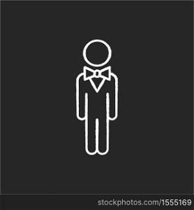 Concierge chalk white icon on black background. Hotel manager. Person in suit. Business man in official apparel. Event management staff. Corporate professional. Isolated vector chalkboard illustration. Concierge chalk white icon on black background