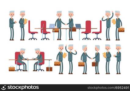Conclusion of the transaction, signing of documents, successful negotiations. elderly businessman. cartoon character set