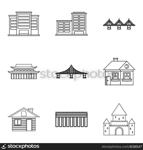 Concrete building icons set. Outline set of 9 concrete building vector icons for web isolated on white background. Concrete building icons set, outline style