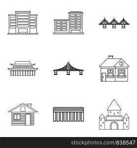 Concrete building icons set. Outline set of 9 concrete building vector icons for web isolated on white background. Concrete building icons set, outline style
