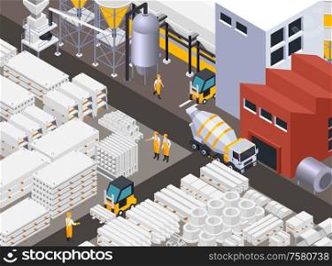 Concrete cement production composition with factory buildings mixer truck and concrete goods being loaded by workers vector illustration
