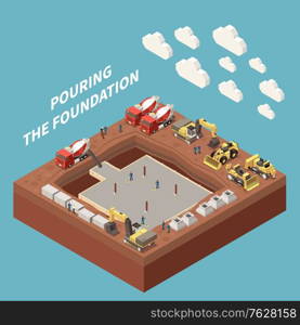 Concrete cement production isometric and colored concept with pouring the foundation headline vector illustration